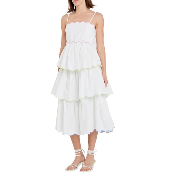 English Factory Dresses & Skirts - English Factory White Scalloped Tiered Midi Dress Multi Color Trim Whimsical XS